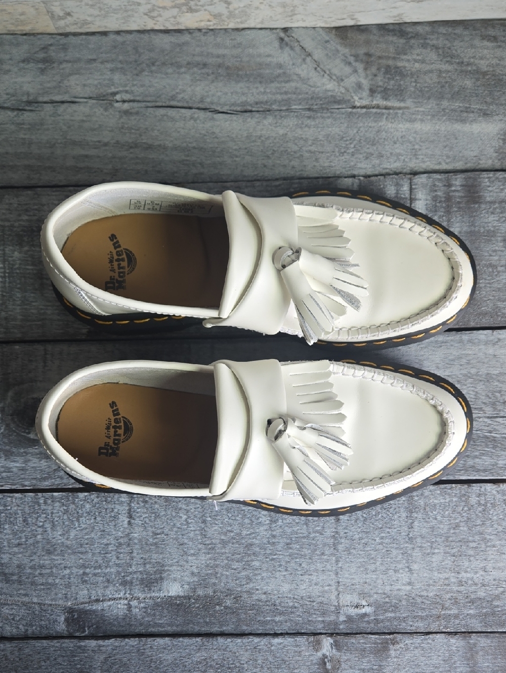 Dr. Martens White Adrian Leather Tassel Loafers Size 7 Womans Yellow Stitch - Picture 11 of 12